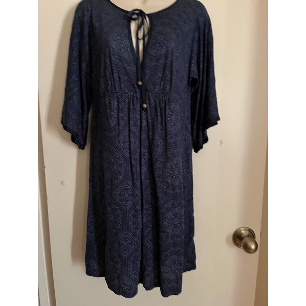 Ella Moss fit and flare Sz S Pima Cotton Navy print bell sleeve Tie Neckline